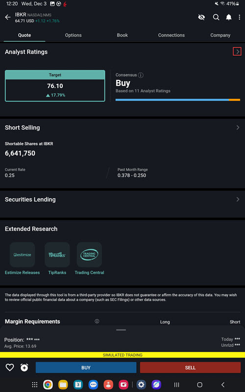 The analysis ratings on the android tablet